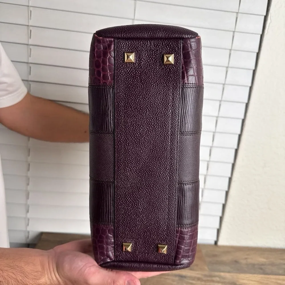 Henri Bendel Leather Patchwork Satchel Burgundy Croc Embossed Limited Edition